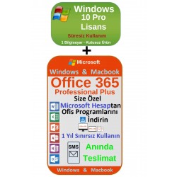 Windows 10 Pro Lisans Süresiz + Office 365 Pro Plus Hesap 1 Yıl Kullanım - SMS Teslimat